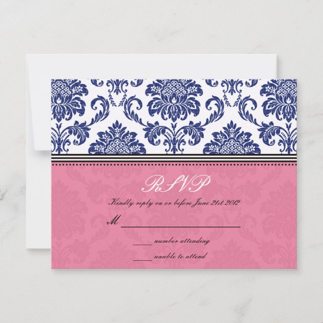 Royal Blue and Pink Damask Wedding RSVP Card (Front)