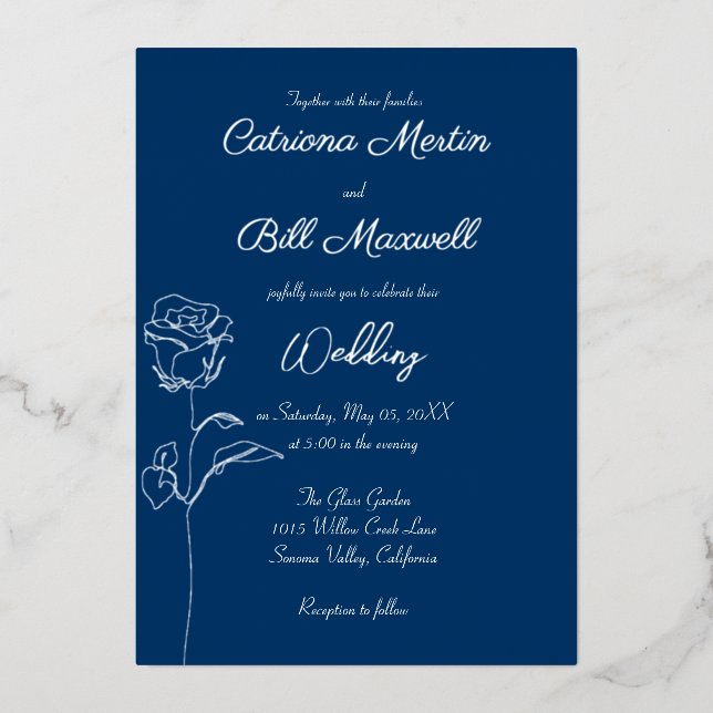 Royal Blue and Real Silver Foil Wedding Invitation (Front)