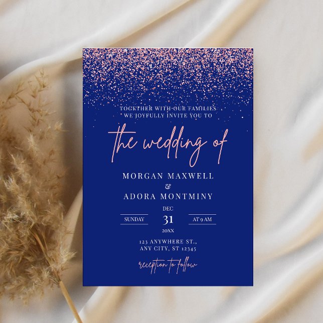 Royal Blue and Rose Gold Glitter Wedding Invitation (Creator Uploaded)