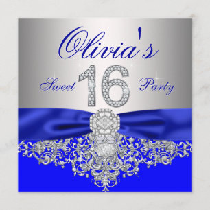 Royal Blue and Silver Diamond Sweet 16 Party Invitation