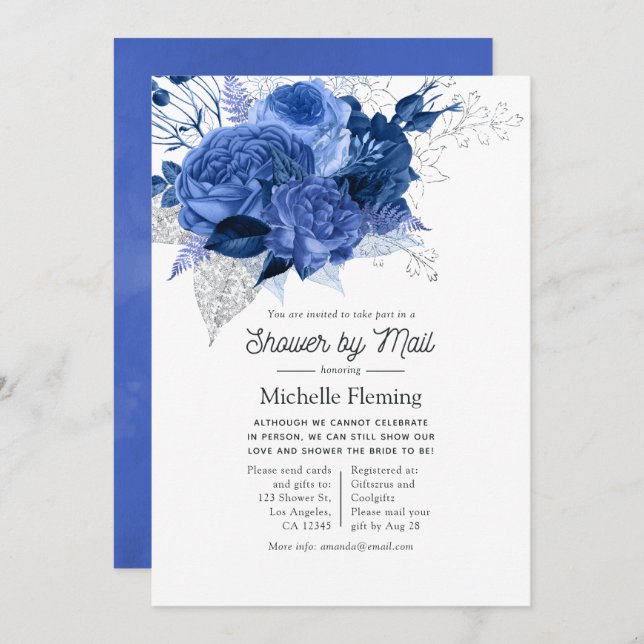 Royal Blue and Silver Floral Bridal Shower by Mail Invitation (Front/Back)