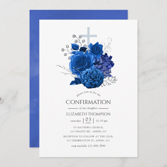 Royal Blue and Silver Floral Confirmation Invitation (Front/Back)