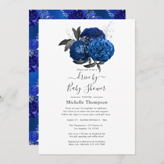 Royal Blue and Silver Floral Drive By Shower Invitation (Front/Back)
