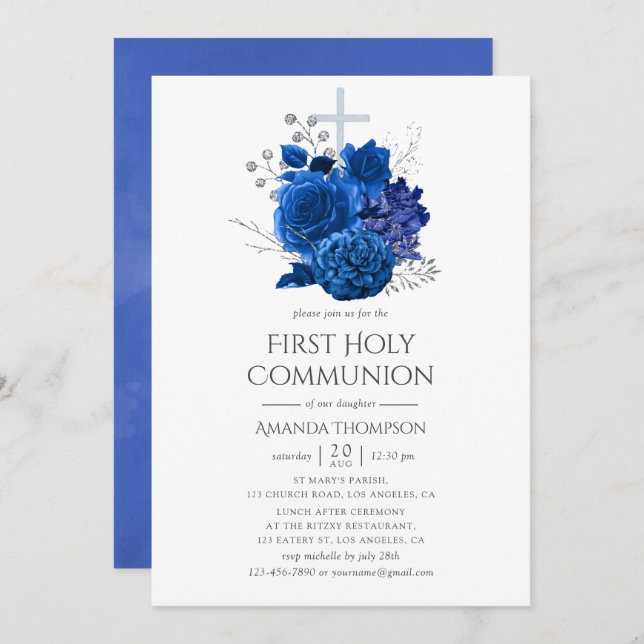 Royal Blue and Silver Floral First Holy Communion Invitation (Front/Back)