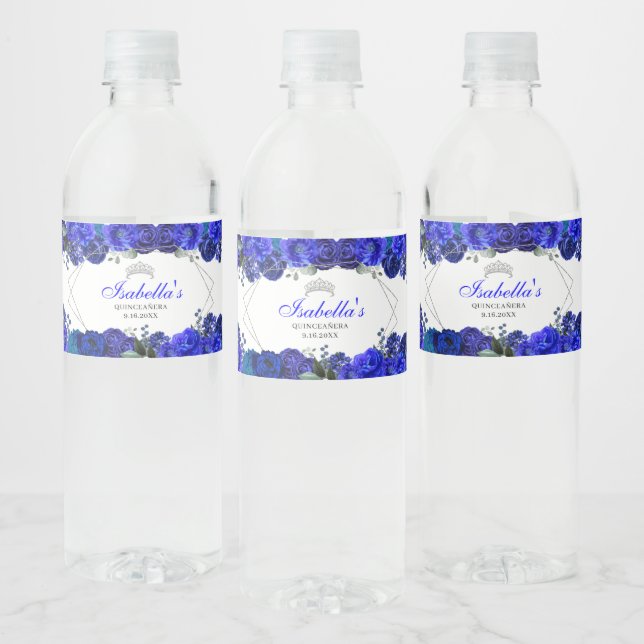 Royal Blue and Silver Floral Quinceanera Water Bottle Label (Bottles)