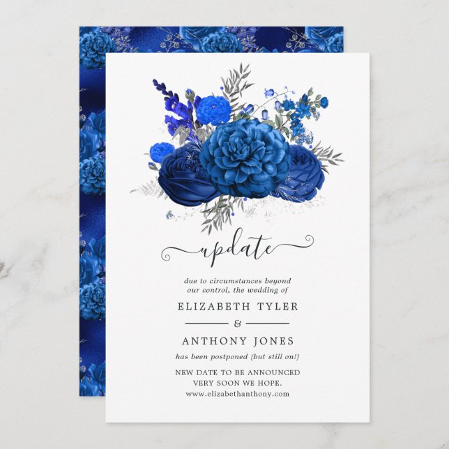 Royal Blue and Silver Floral Wedding Update Invitation (Front/Back)