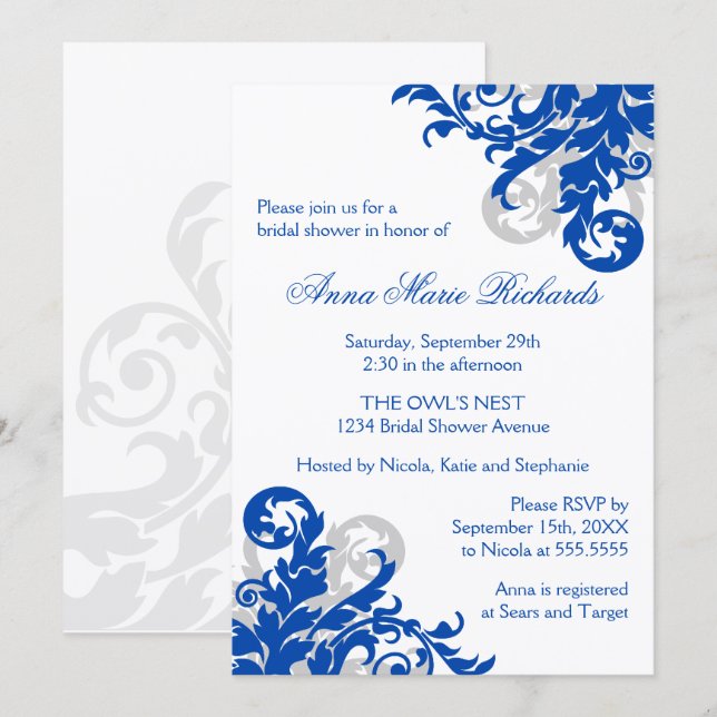 Royal Blue and Silver Flourish Bridal Shower Invitation (Front/Back)