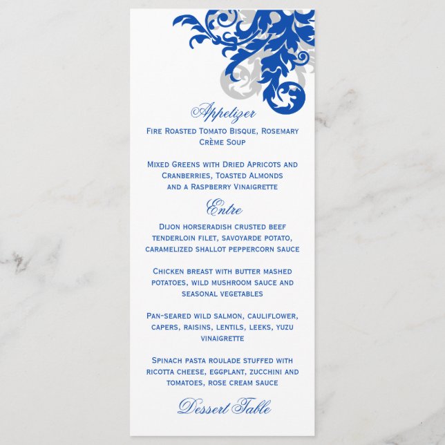 Royal Blue and Silver Flourish Menu (Back)