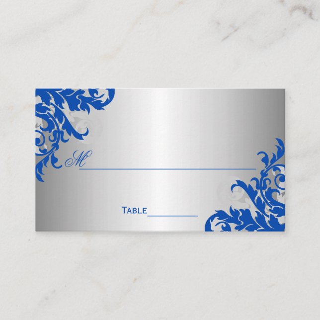 Royal Blue and Silver Flourish Place Card (Front)