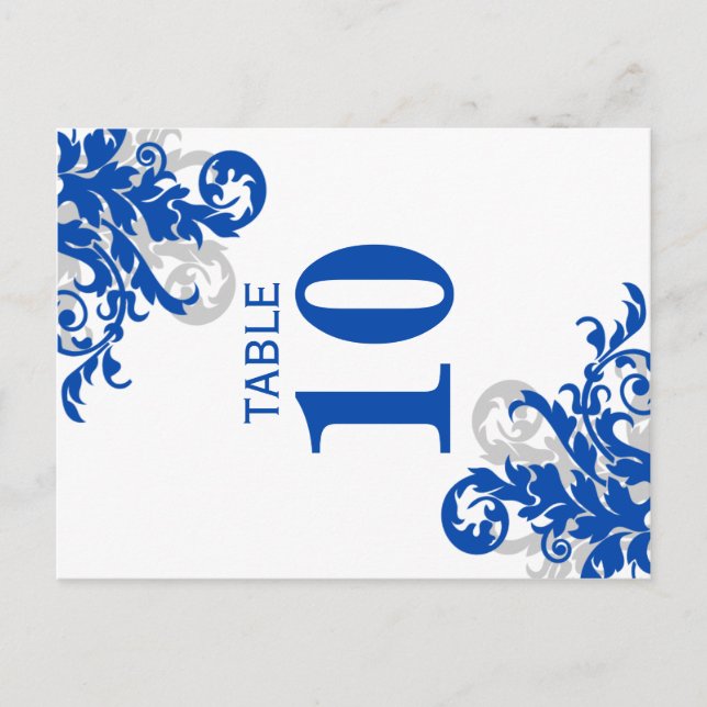 Royal Blue and Silver Flourish Table Number Postcard (Front)