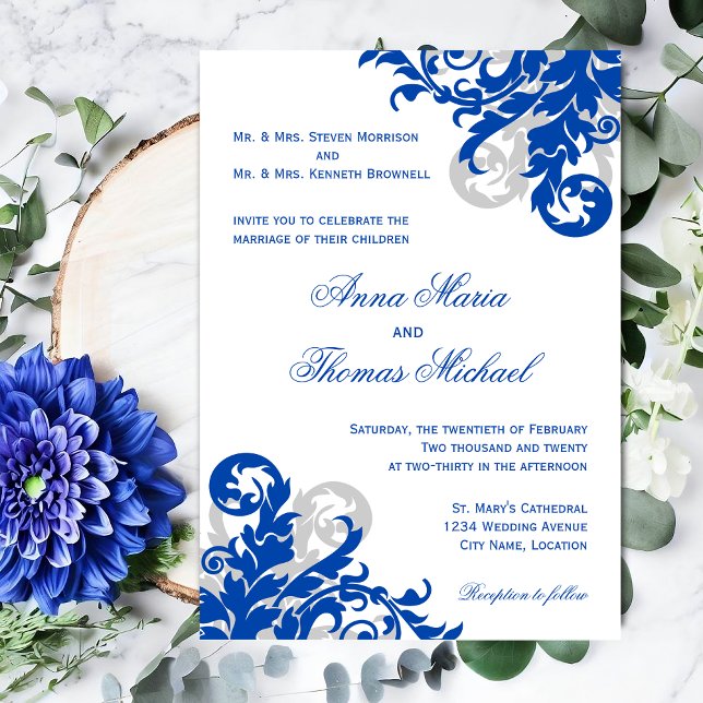 Royal Blue and Silver Flourish Wedding Invitation (Elegant Royal blue and silver flourish wedding invitation front view.)