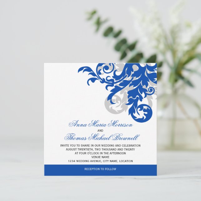 Royal Blue and Silver Flourish Wedding Invitation (Standing Front)