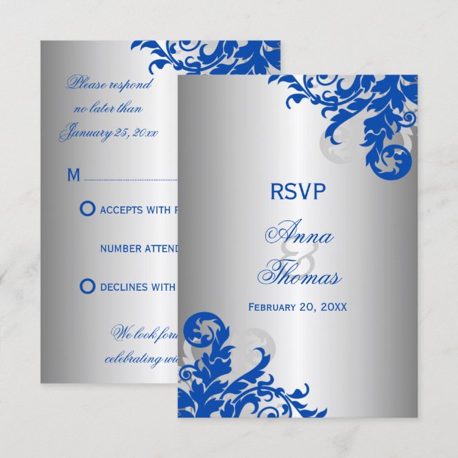 Royal Blue and Silver Flourish Wedding RSVP Card (Front/Back)