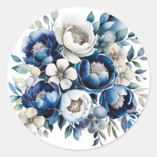 Royal Blue and Silver Glittery Peony Wedding  Classic Round Sticker