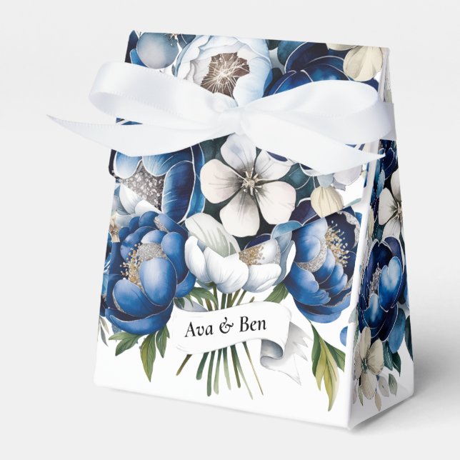 Royal Blue and Silver Glittery Peony Wedding  Favour Box (Front Side)