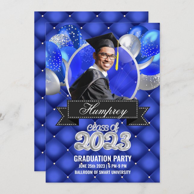 Royal Blue and Silver Graduation Party Invitation (Front/Back)