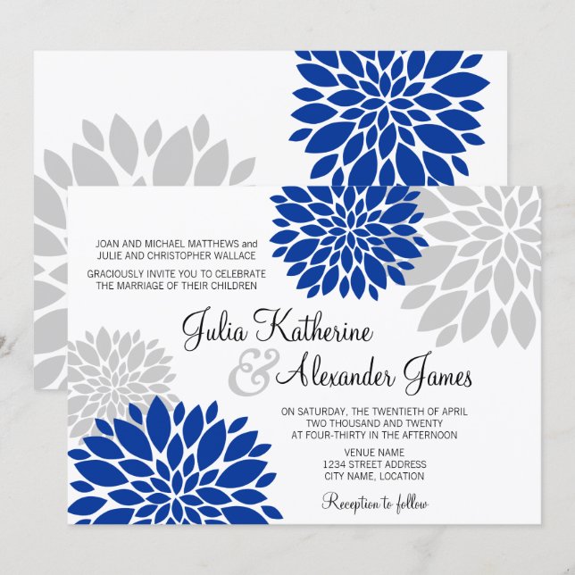 Royal Blue and Silver-Grey Floral Burst Wedding Invitation (Front/Back)