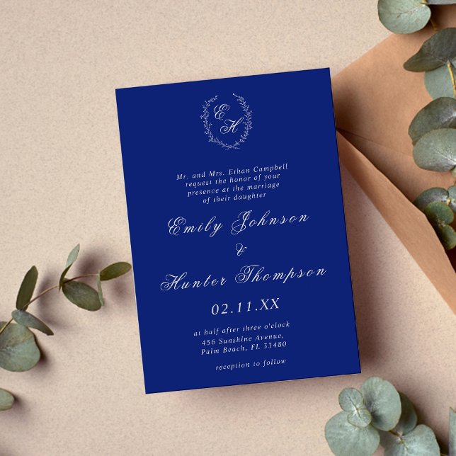 Royal Blue and Silver Monogram Wreath Wedding Invitation (Creator Uploaded)