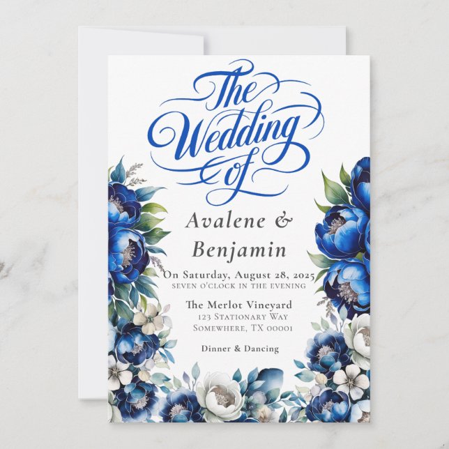 Royal Blue and Silver Peony Wedding Calligraphy Invitation (Front)