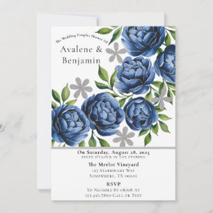 Royal Blue and Silver Peony Wedding Couples Shower Invitation