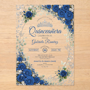 Royal Blue and Silver Quinceañera Blue Roses Acrylic Invitations
