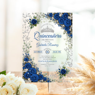 Royal Blue and Silver Quinceañera Blue Roses Acrylic Invitations
