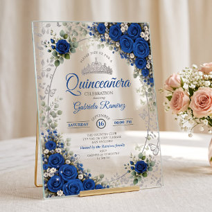 Royal Blue and Silver Quinceañera Blue Roses Acrylic Invitations