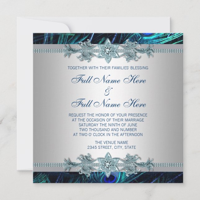 Royal Blue and Silver Royal Indian Peacock Wedding Invitation (Front)