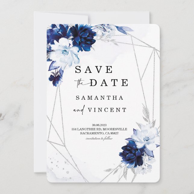 Royal Blue and Silver Save the Date card (Front)