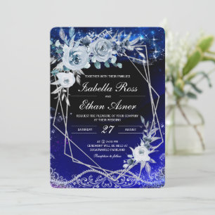 Royal Blue And Silver White Geometric Wedding Invitation