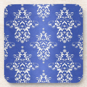 Royal Blue and Silvery White Vintage Damask Coaster