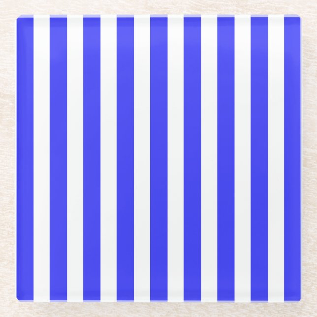 Royal blue and white candy stripes glass coaster (Front)
