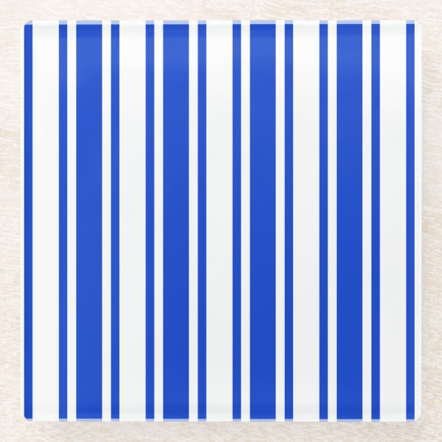 Royal blue and white candy stripes glass coaster (Front)