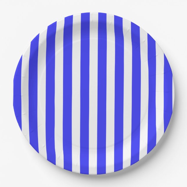 Royal blue and white candy stripes paper plate (Front)
