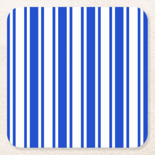 Royal blue and white candy stripes square paper coaster
