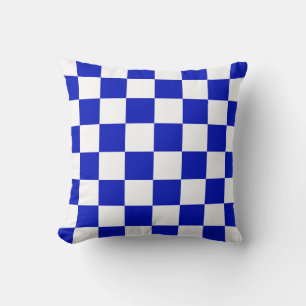 Royal Blue and White Chequered Board Pattern Cushion