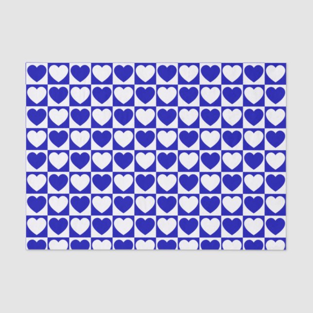 Royal Blue and White Chequered Pattern With Hearts Tissue Paper (Front)