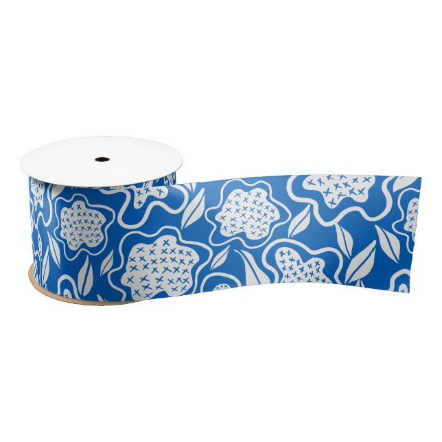 Royal Blue and White Cross Stitch Floral   Satin Ribbon (Spool)