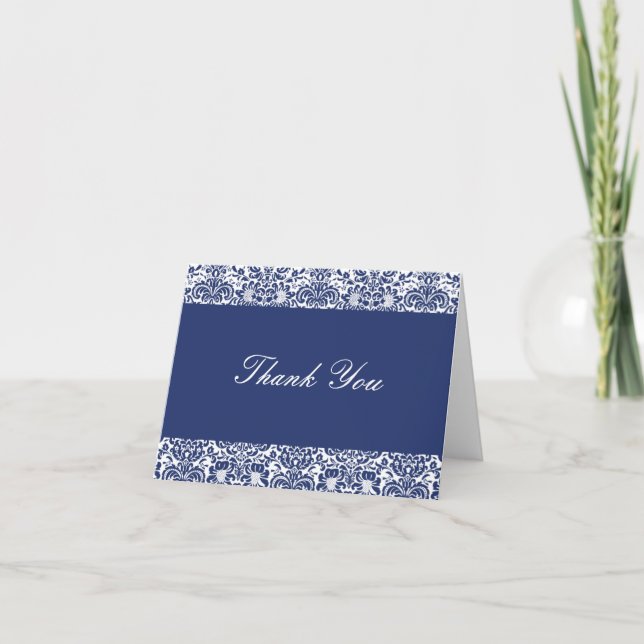 Royal Blue and White Damask Thank You Note (Front)