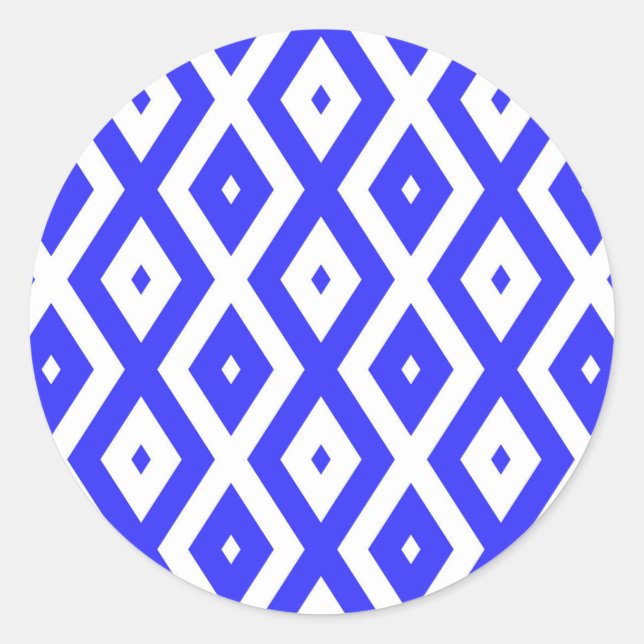 Royal blue and white diamond pattern classic round sticker (Front)