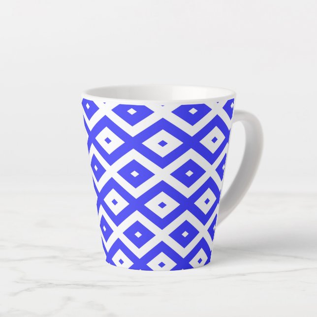 Royal blue and white diamond pattern latte mug (Right Angle)