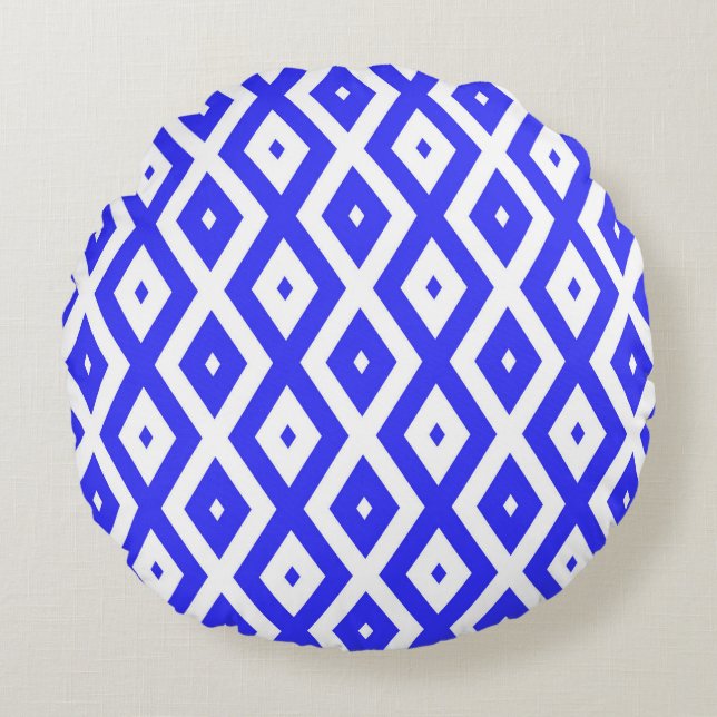 Royal blue and white diamond pattern round cushion (Front)