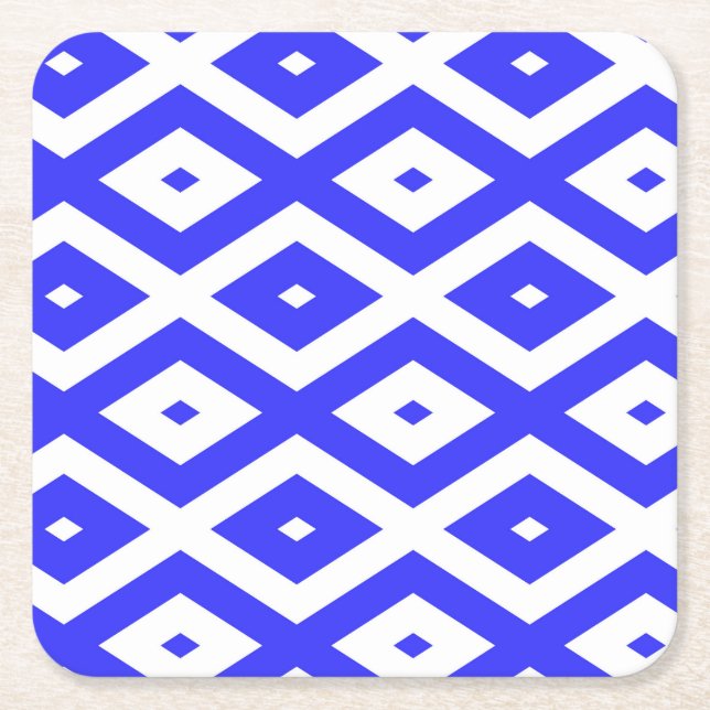 Royal blue and white diamond pattern square paper coaster (Front)