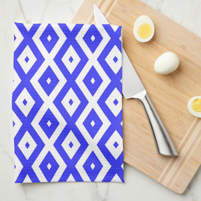 Royal blue and white diamond pattern tea towel (Quarter Fold)