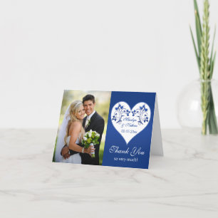 Royal Blue and White Floral Photo Thank You Card
