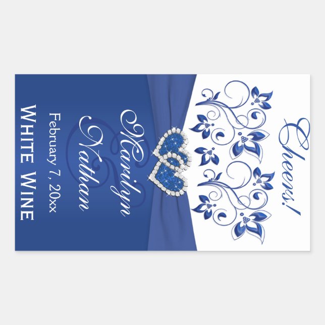 Royal Blue and White Floral Wedding Bottle Sticker (Front)
