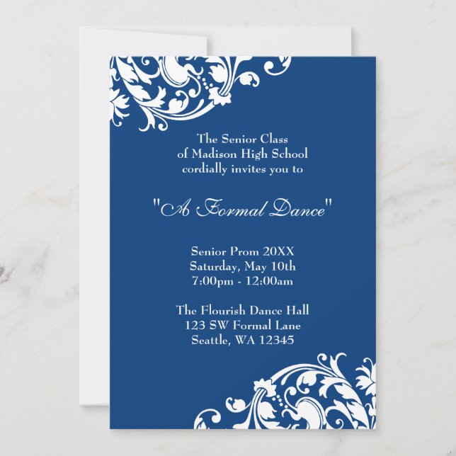Royal Blue and White Flourish Swirl Prom Formal Invitation (Front)