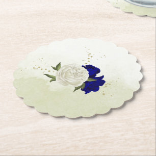royal blue and white flowers greenery wedding paper coaster