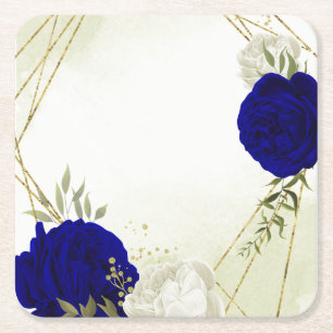 royal blue and white flowers greenery wedding square paper coaster