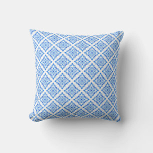 Royal Blue And White Geometric Delft Look Cushion